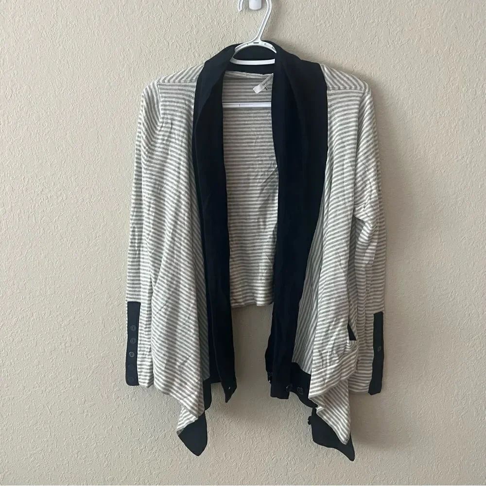 360 Sweater Cotton Silk Open Front Draped Button Cardigan Blue Gray Stripe Sz S